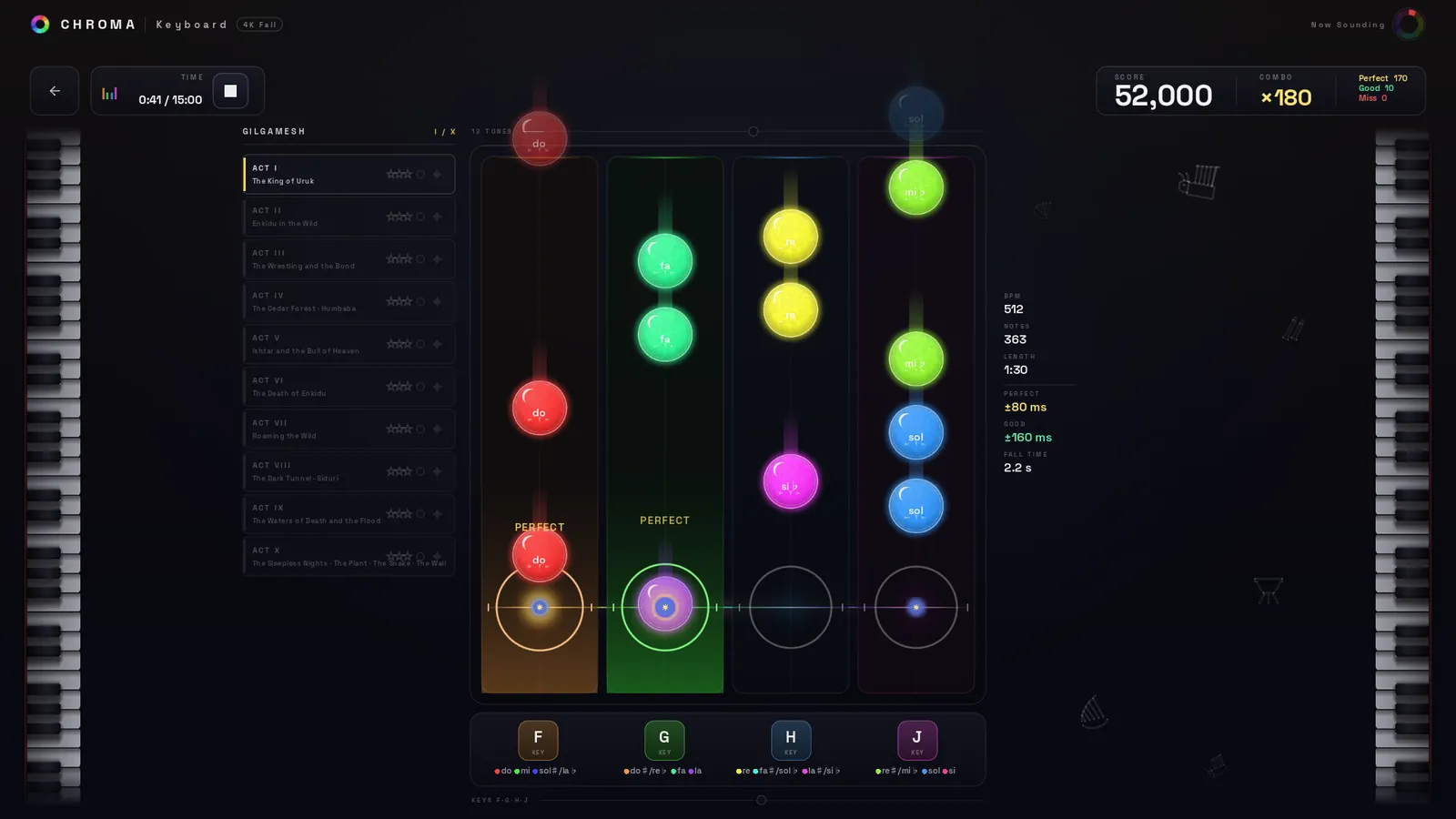 The play screen: four lanes of falling coloured notes, with the score and combo at the top right
